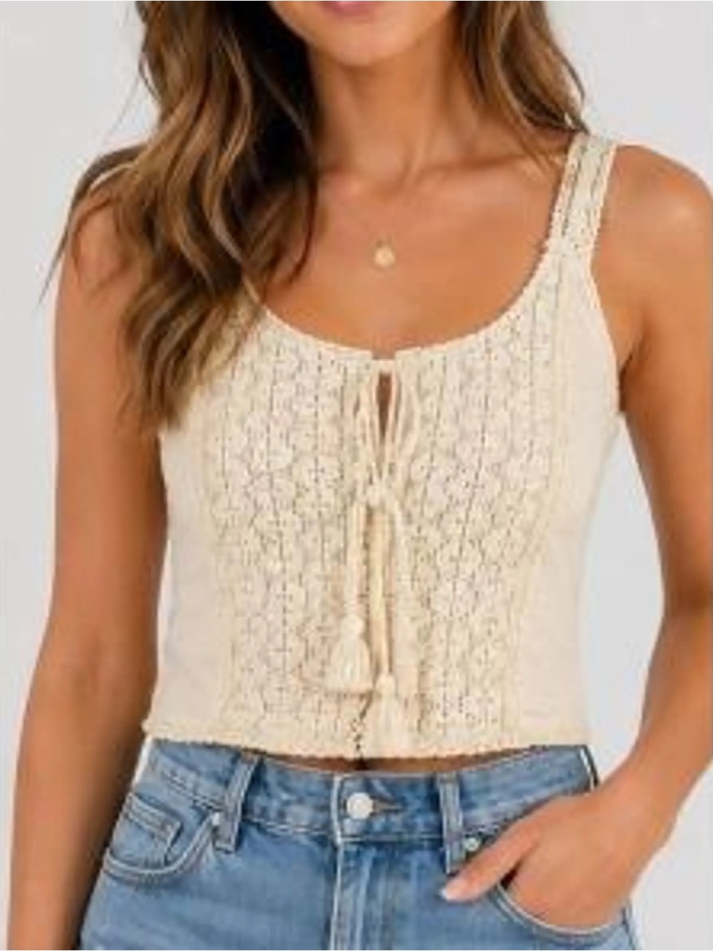 American Eagle Outfitters Cream Crochet Tie-Front Tank